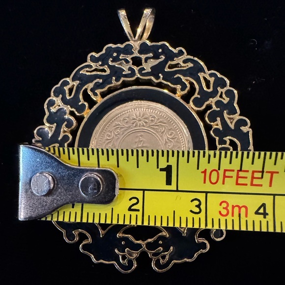 Elegant Black Enamel and Gold-Tone Japanese Coin Pendant with Dragon Bezel - Picture 6 of 6